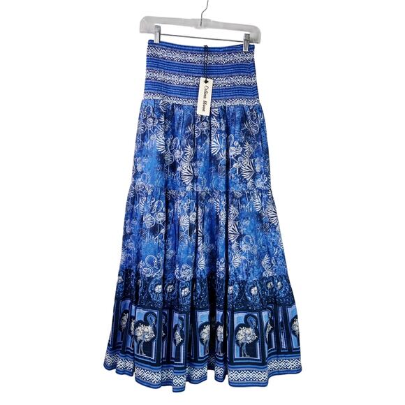 Celina Moon SZ S 100% Cotton Smocked Waist Maxi Skirt Blue Flamingo Print NWT - Picture 3 of 6